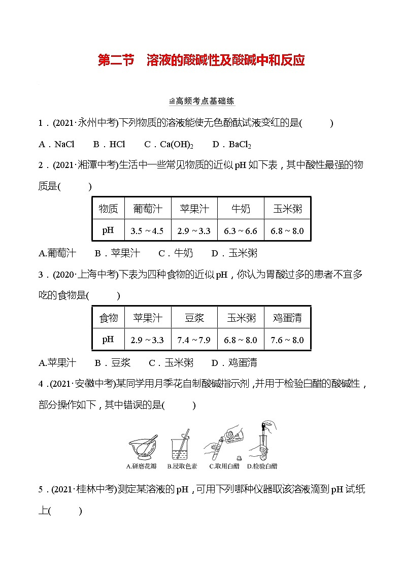 备战2022 鲁教版 中考复习 第七单元 专题2 溶液的酸碱性及酸碱中和反应 同步练习 (学生版)第1页
