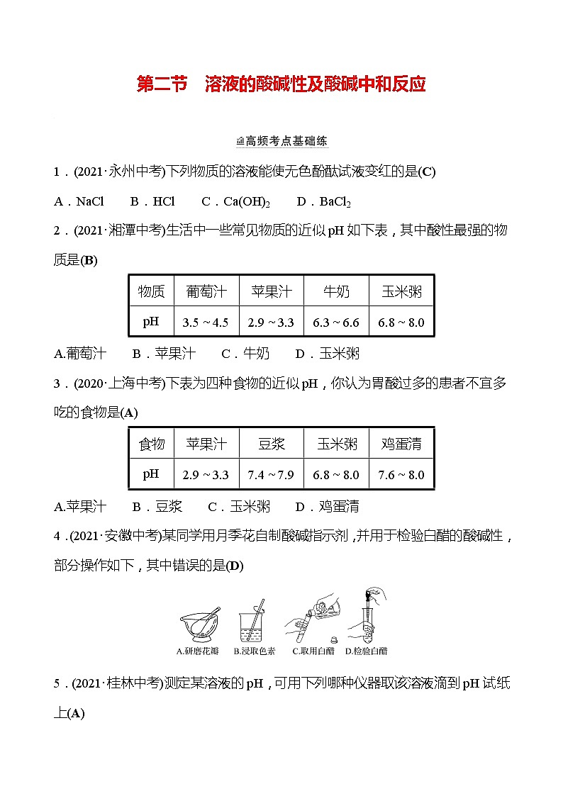 备战2022 鲁教版 中考复习 第七单元 专题2 溶液的酸碱性及酸碱中和反应 同步练习 (教师版)第1页