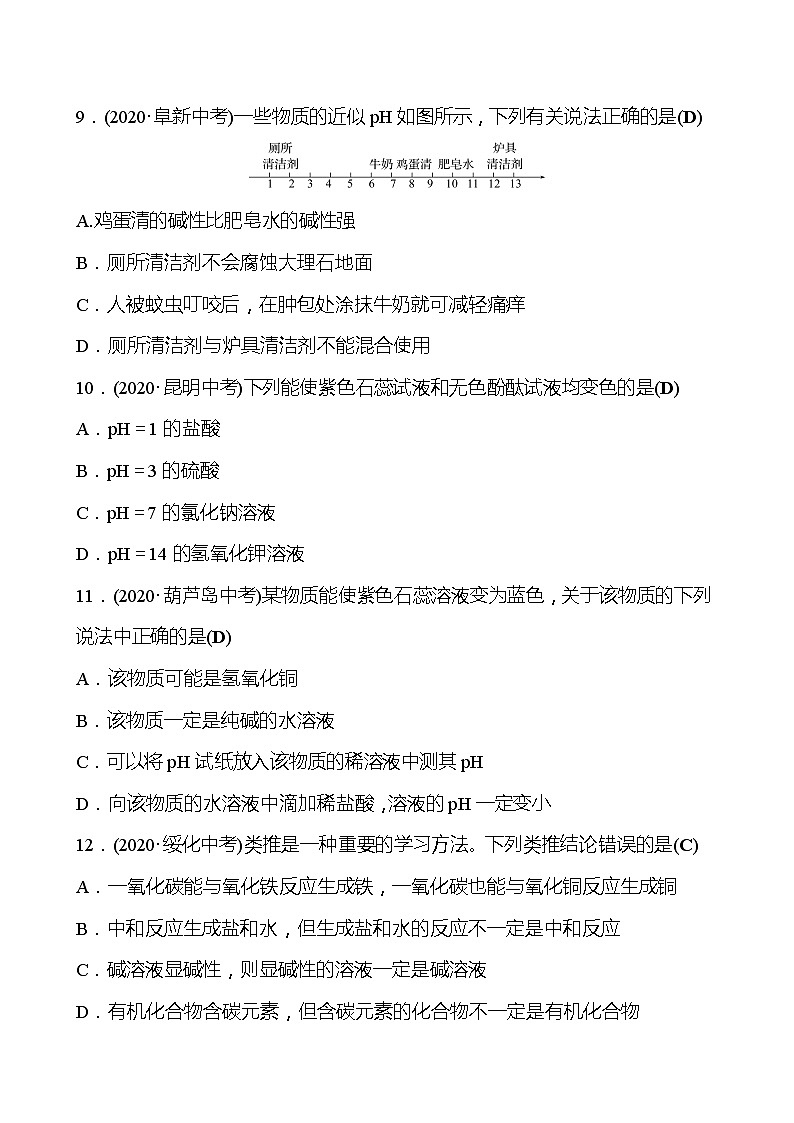 备战2022 鲁教版 中考复习 第七单元 专题2 溶液的酸碱性及酸碱中和反应 同步练习 (教师版)第3页