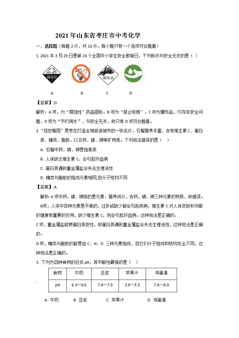 2021年山东省枣庄市中考化学试题（原卷+解析）01