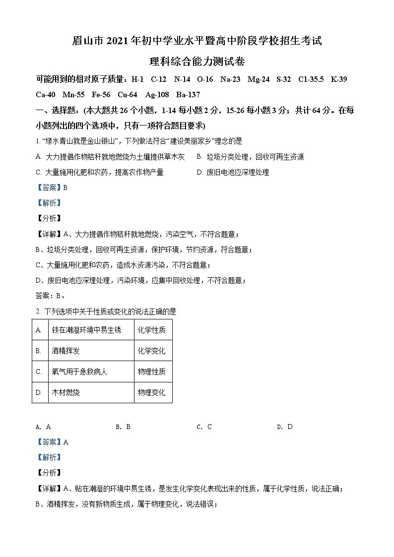 2021年四川省眉山市中考化学试题（原卷+解析）01