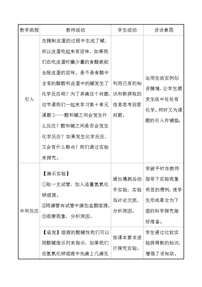 人教版 化学 九年级下册 10.2 课题2　酸和碱的中和反应 教案第2页