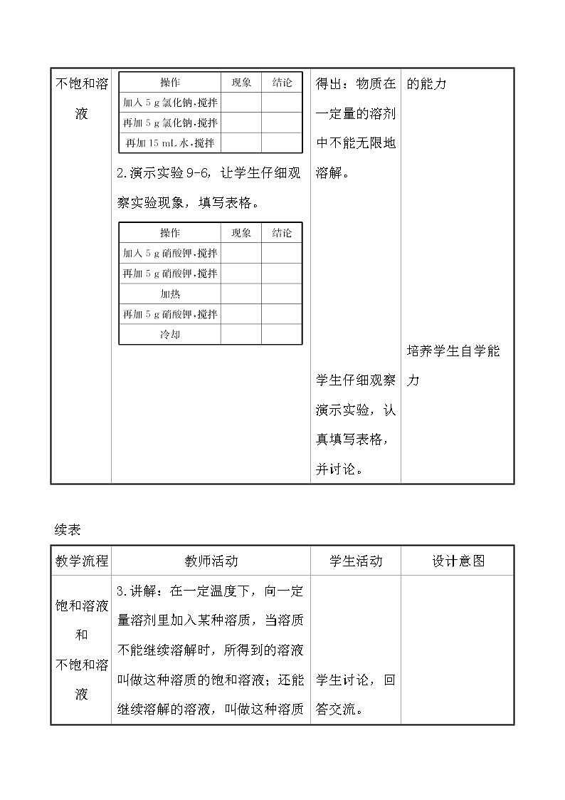 人教版 化学 九年级下册 9.2.1 课题2 溶解度 第1课 时饱 和 溶 液 教案第3页