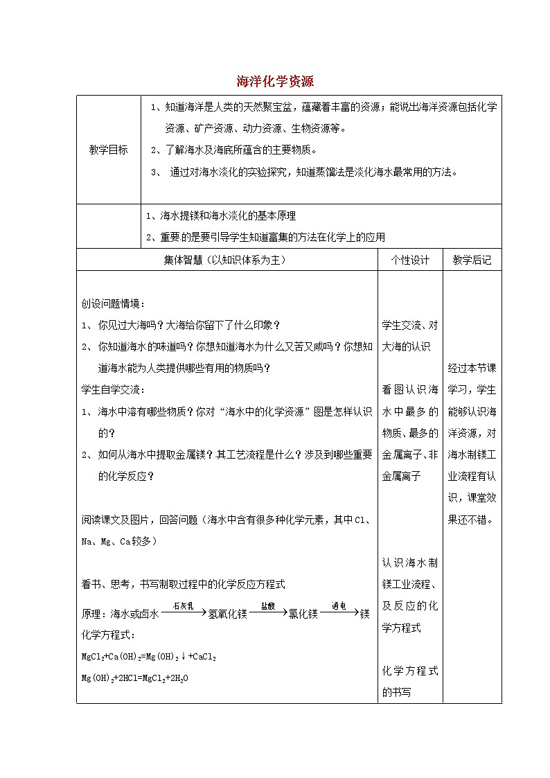 鲁教初中化学九下《第八单元  第1节 海洋化学资源》教案01