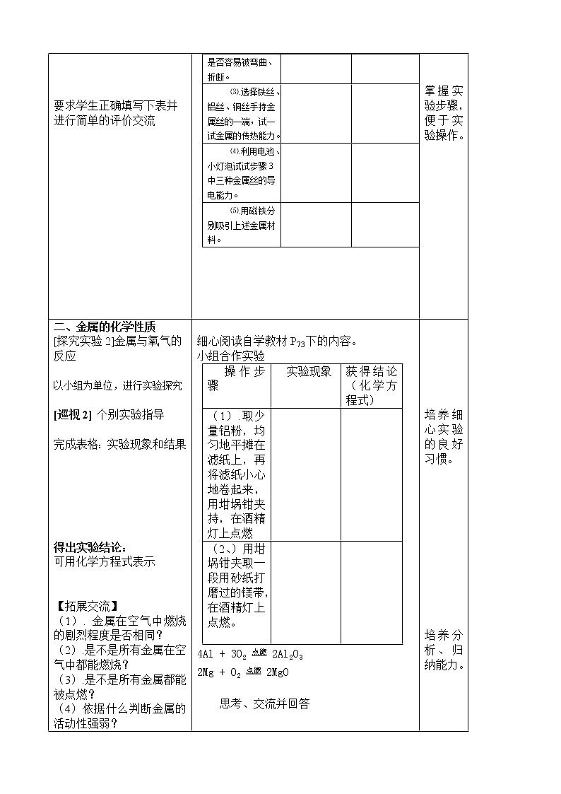 鲁教初中化学九下《第九单元  到实验室去 探究金属的性质》教案第2页