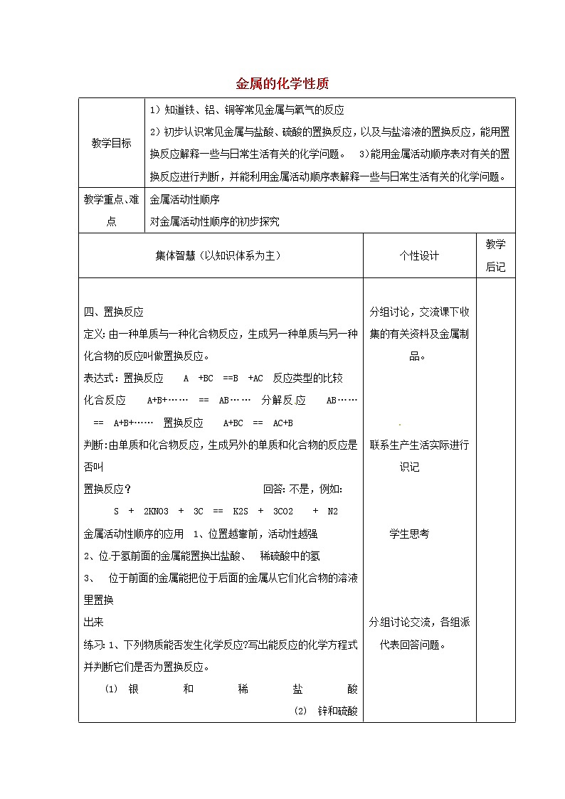 鲁教初中化学九下《第九单元  第2节 金属的化学性质》教案01