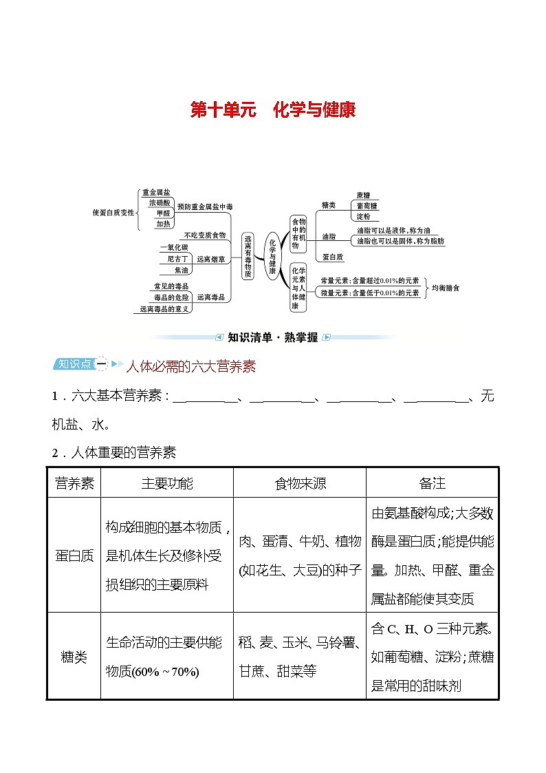 备战2022 鲁教版 中考复习 第十单元 化学与健康 学案(学生版)第1页