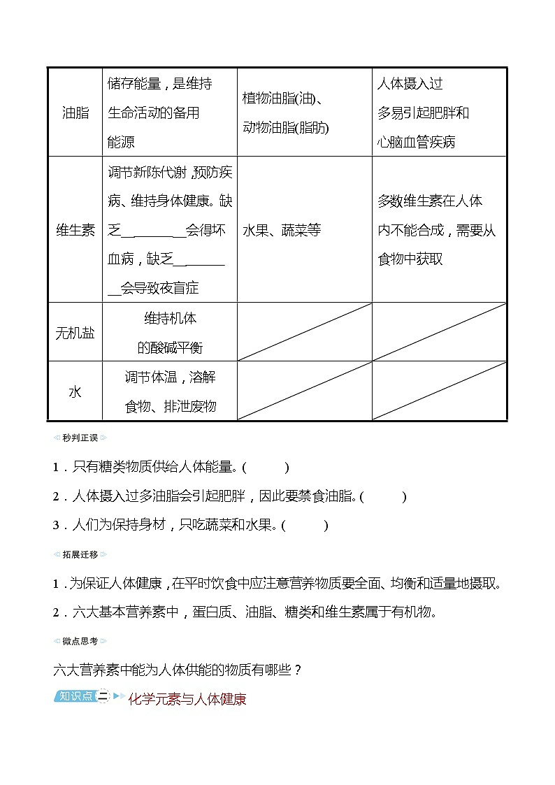 备战2022 鲁教版 中考复习 第十单元 化学与健康 学案(学生版)第2页
