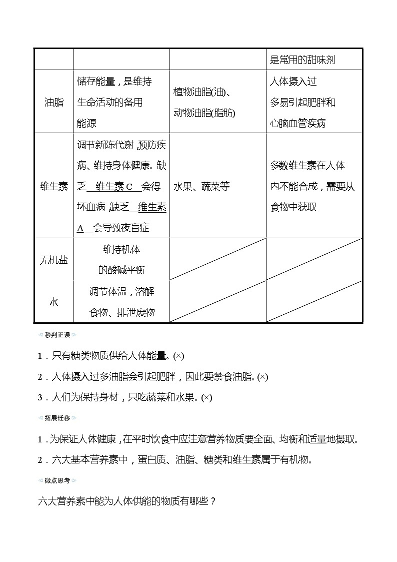 备战2022 鲁教版 中考复习 第十单元 化学与健康 学案(教师版)第2页
