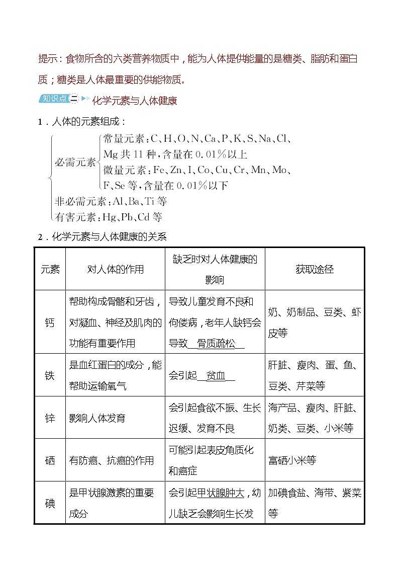 备战2022 鲁教版 中考复习 第十单元 化学与健康 学案(教师版)第3页