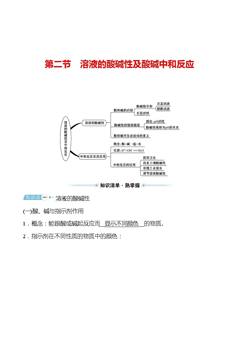 备战2022 鲁教版 中考复习 第七单元 专题2 溶液的酸碱性及酸碱中和反应 学案(教师版)第1页