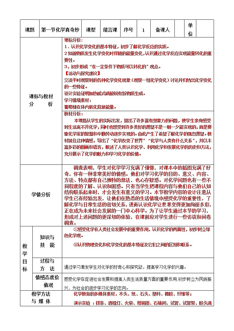 鲁教五四制初中化学八年级全册《第一单元 第1节 化学真奇妙》教案01