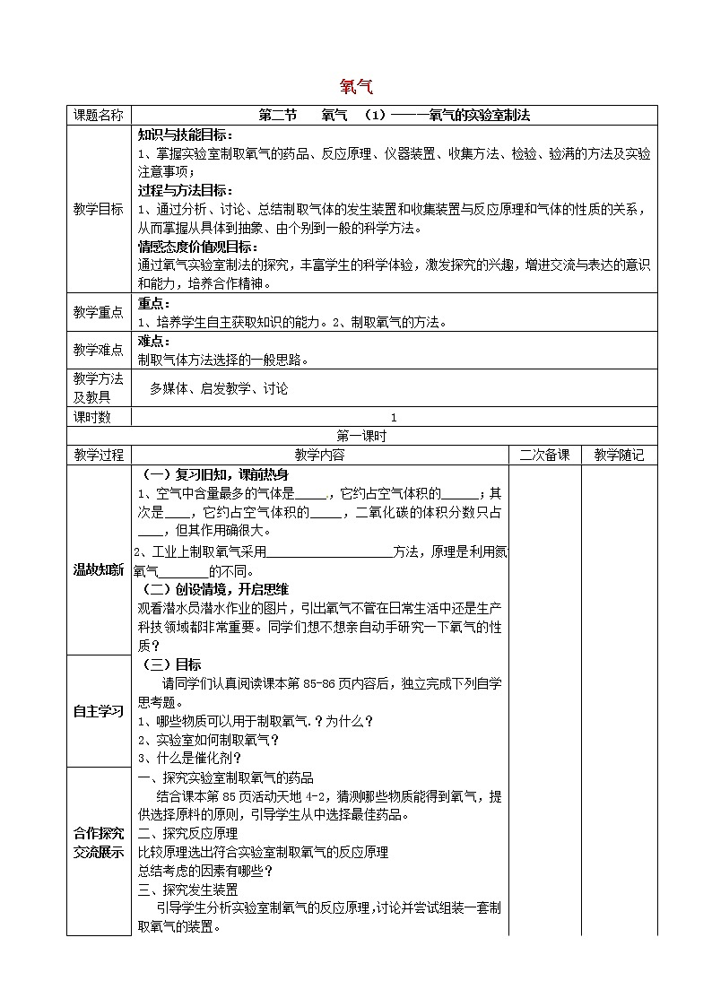 鲁教五四制初中化学八年级全册《第四单元 到实验室去：氧气的实验室制取与性质》教案01