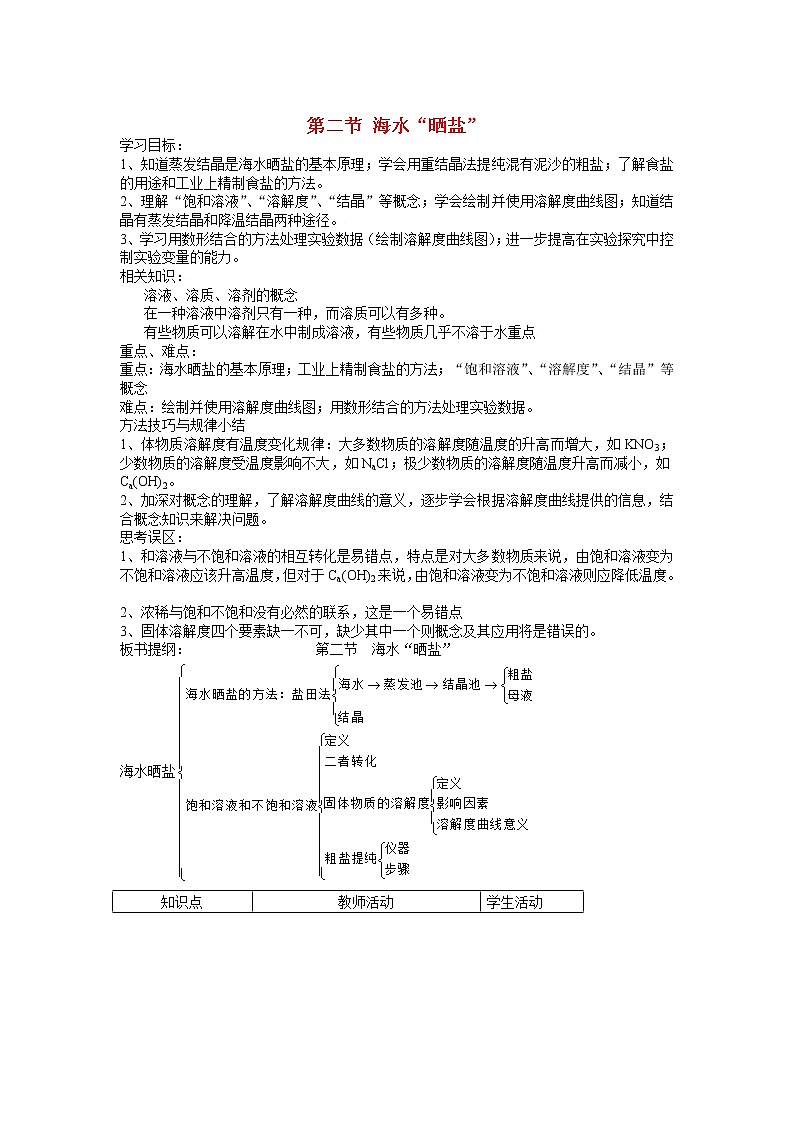 鲁教五四制初中化学九年级全册《第三单元 2 海水“晒盐”》教案01