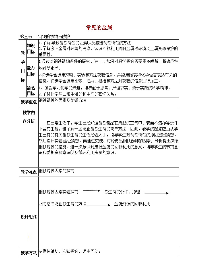 鲁教五四制初中化学九年级全册《第四单元 3 钢铁的锈蚀与防护》教案第1页