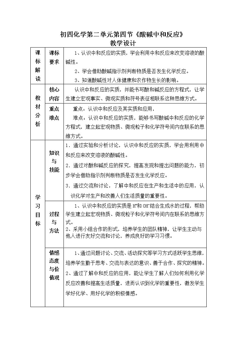 鲁教版（五四制）九年级全一册 2.4 酸碱中和反应(7)（教案）01