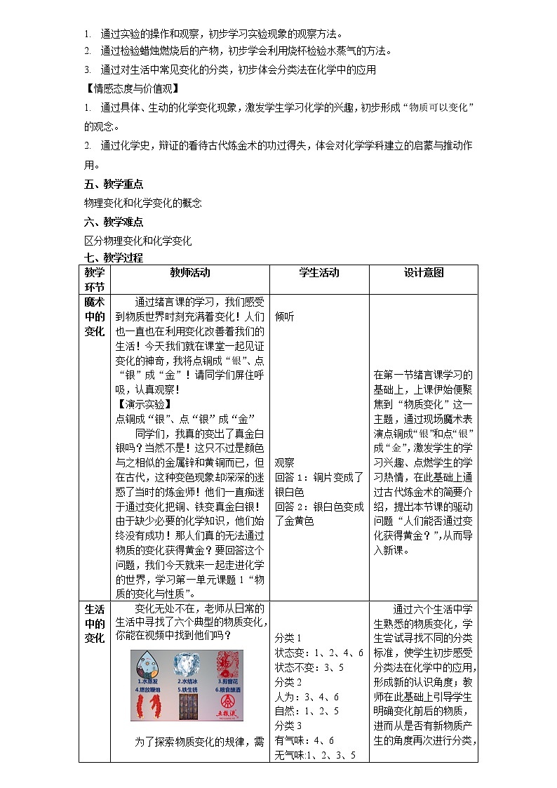 人教版（五四制）八年级全一册化学 第一单元 课题1 物质的变化和性质(1)（教案）第2页