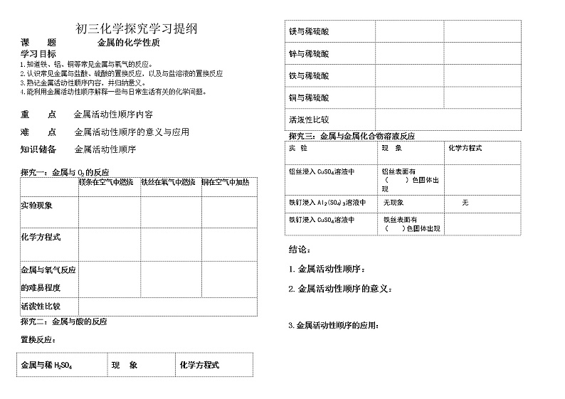 人教版（五四制）九年级全一册化学 第一单元 课题2  金属的化学性质（教案）01