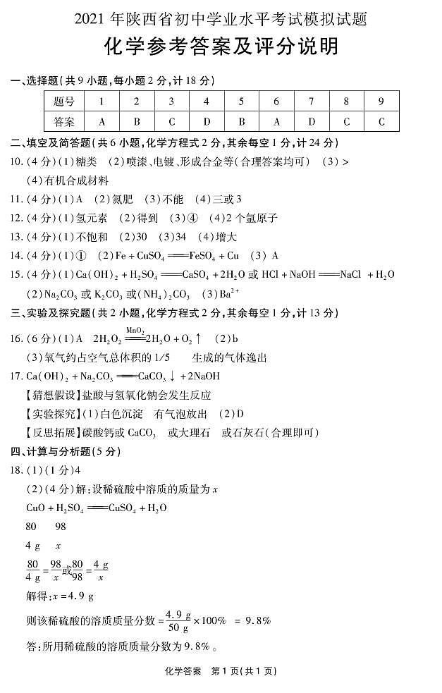 2021年陕西省初中学业水平考试模拟试题化学答案第1页