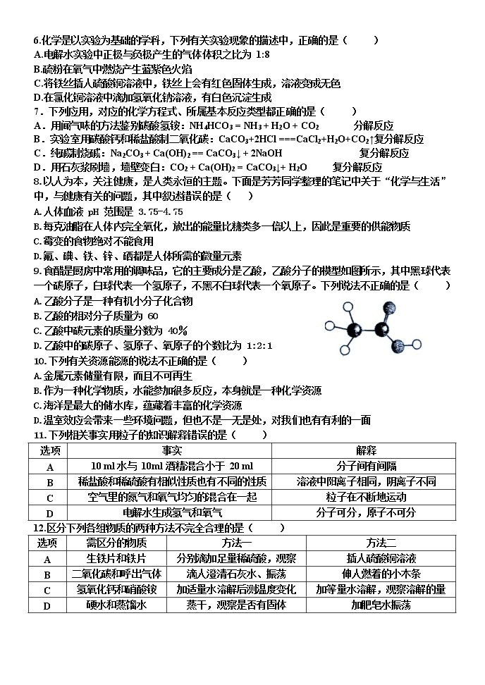 黑龙江省哈尔滨市十七中学 2020 届初四一模学情检测化学试卷  含答案02