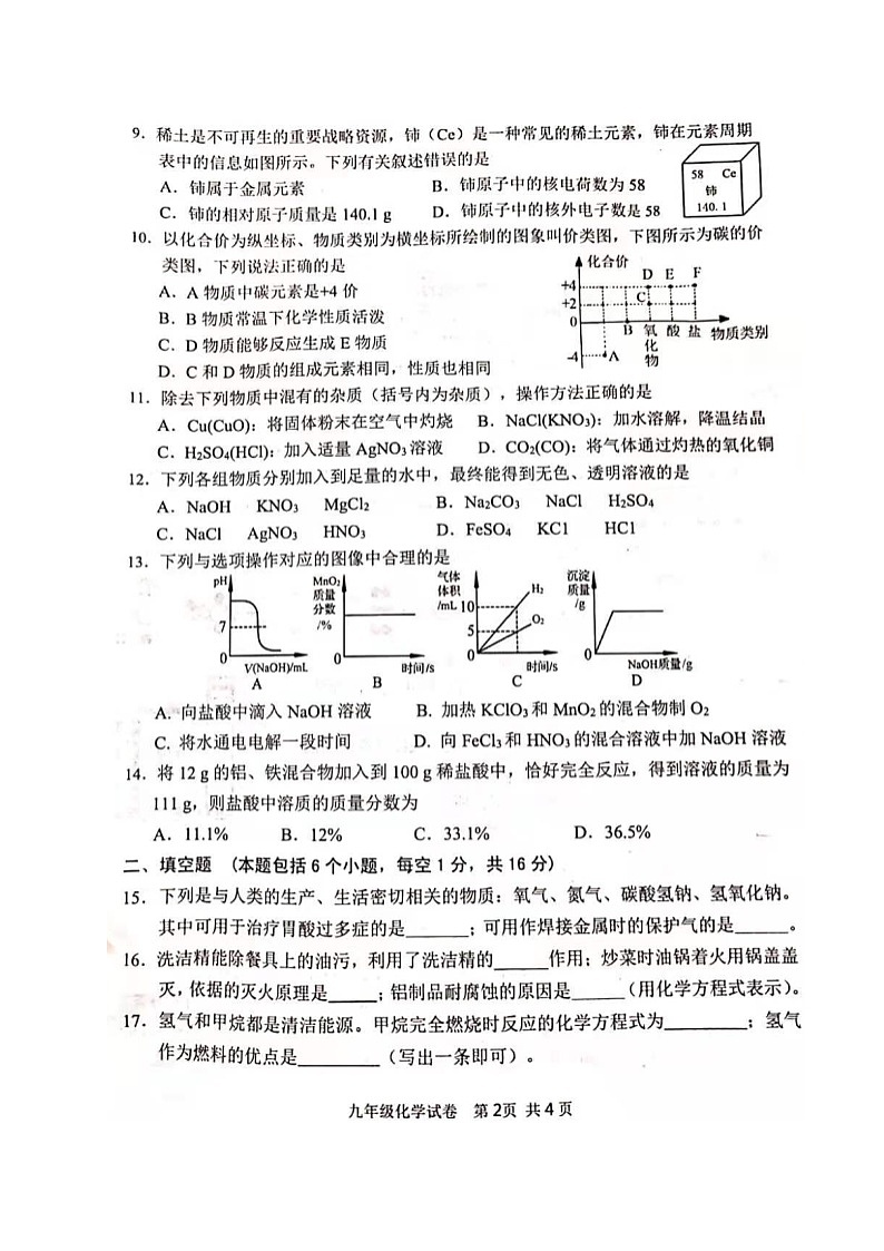 河南省安阳市2021届九年级下学期第一次模拟考试化学试题（图片版）02