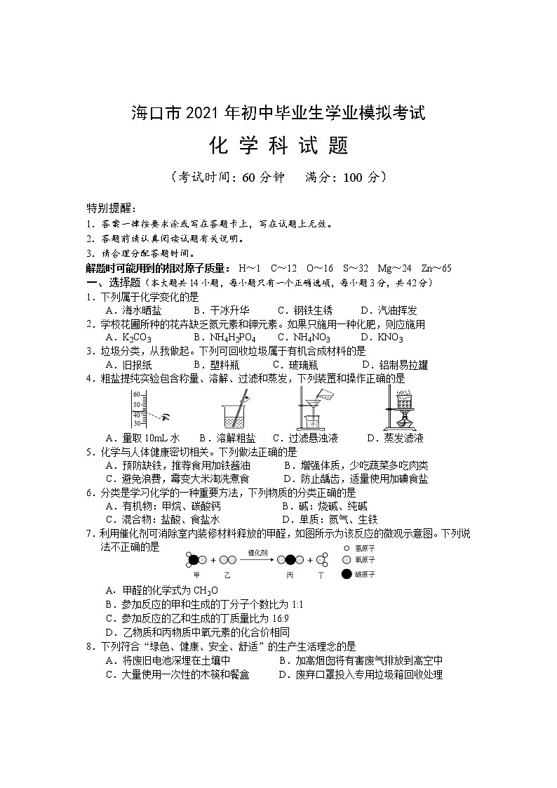 2021年海南省海口市初中毕业生学业模拟考试化学试题01