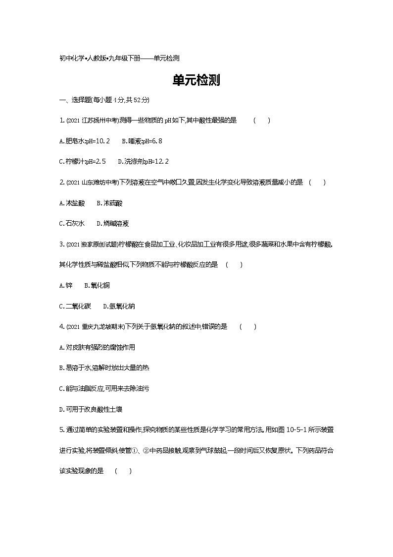 第十单元检测练习-2022学年化学九年级下册人教版（Word含解析）第1页