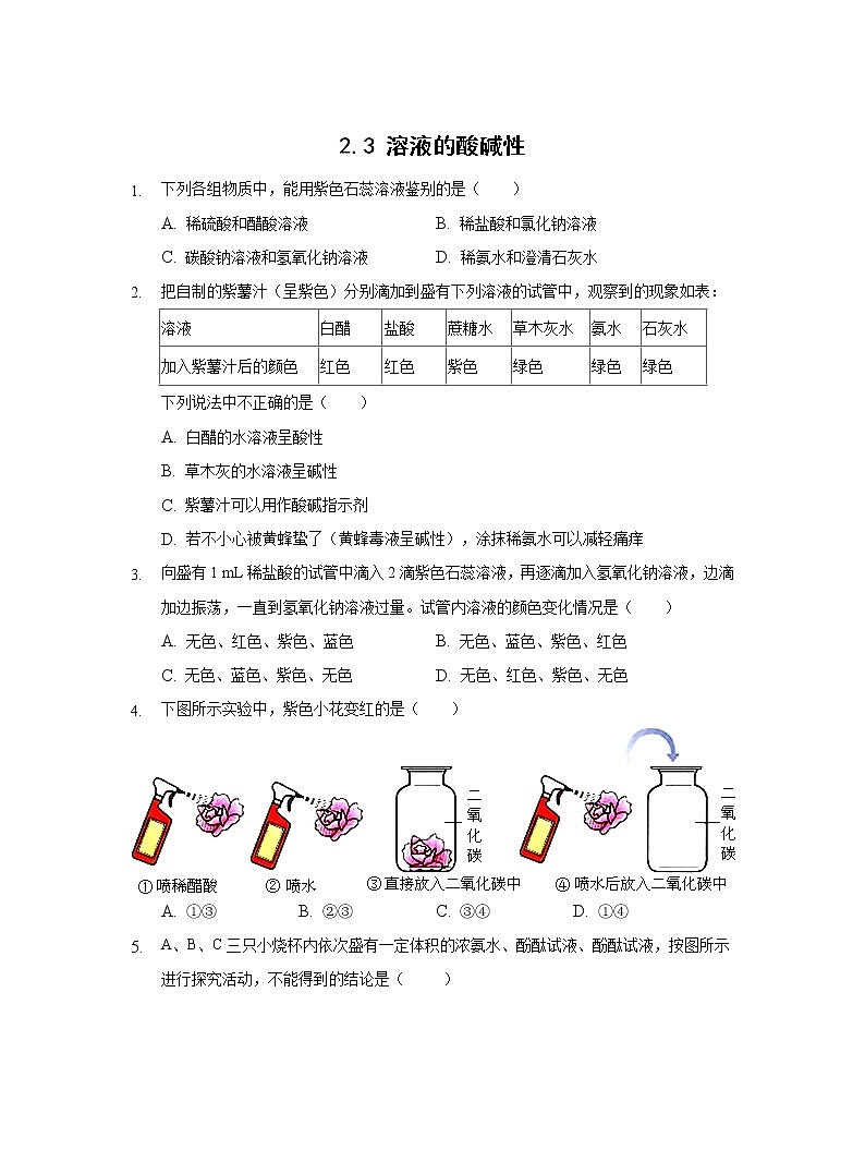鲁教版（五四制）初中化学 九年级同步作业：2.3 溶液的酸碱性第1页