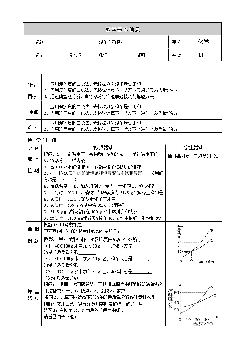 北京课改版九年级化学下册 9.4溶解 整理与复习  教案01