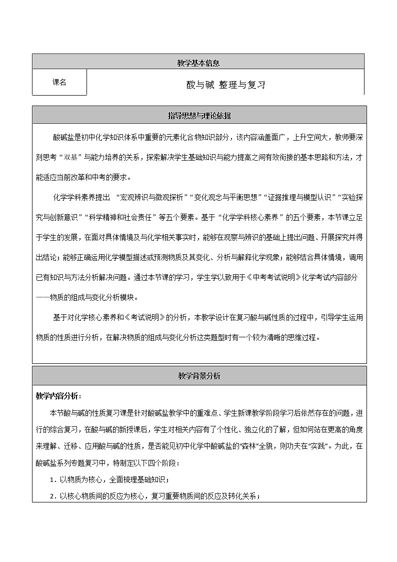北京版9下化学 11.4酸与碱 整理与复习  教案第1页