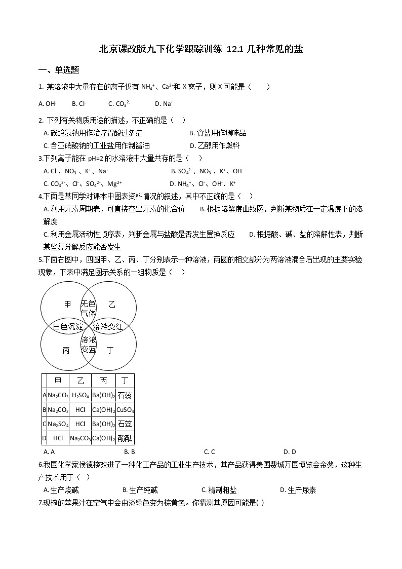 北京课改版九年级化学下册 12.1几种常见的盐 同步练习（含解析）01
