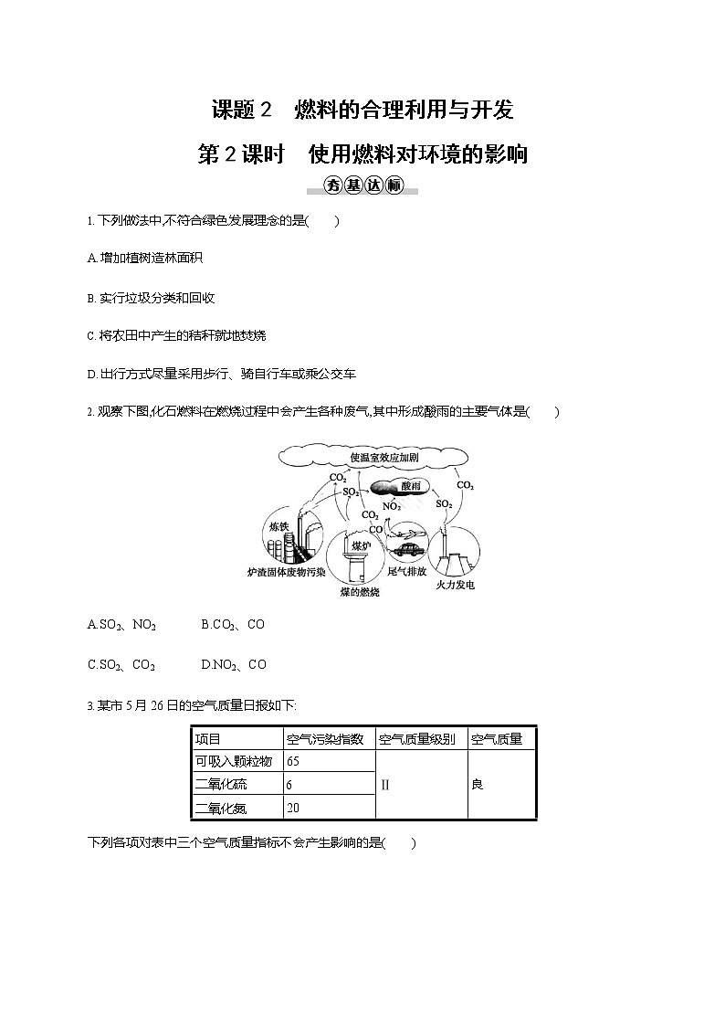 人教版九年级化学上册《第七单元 课题2 燃料的合理利用与开发 第2课时》同步练习题及参考答案01