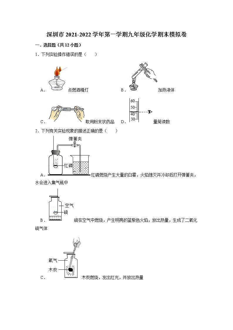 广东省深圳市2021-2022学年上班学期九年级化学期末模拟卷（word版 含答案）01
