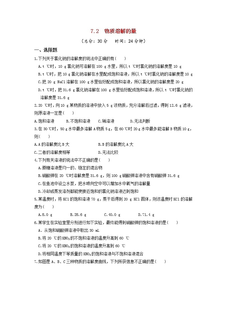 7.2 物质溶解的量 课后作业-2020-2021学年九年级化学下册（科粤版）第1页
