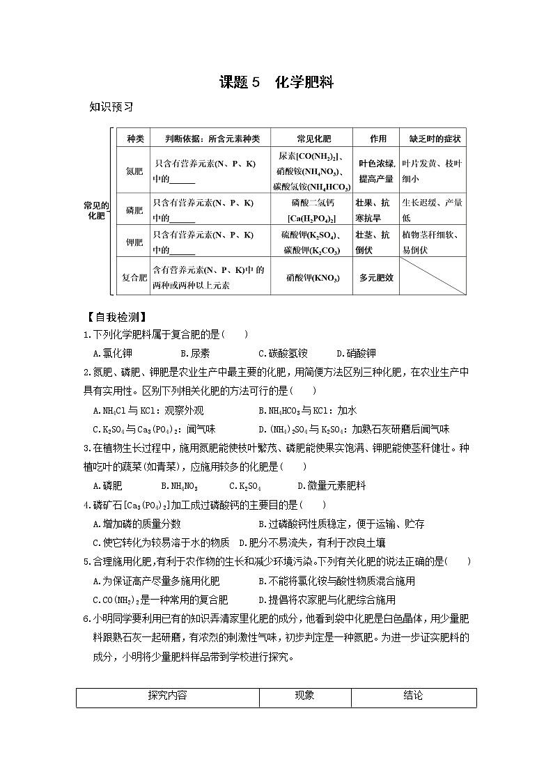 8.5 化学肥料 课前小测（知识点+检测）-2020-2021学年九年级化学下册（科粤版）01