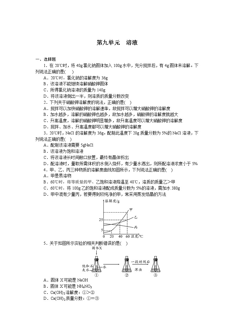 2021年中考化学总复习第九单元溶液 检测（word版有答案）第1页
