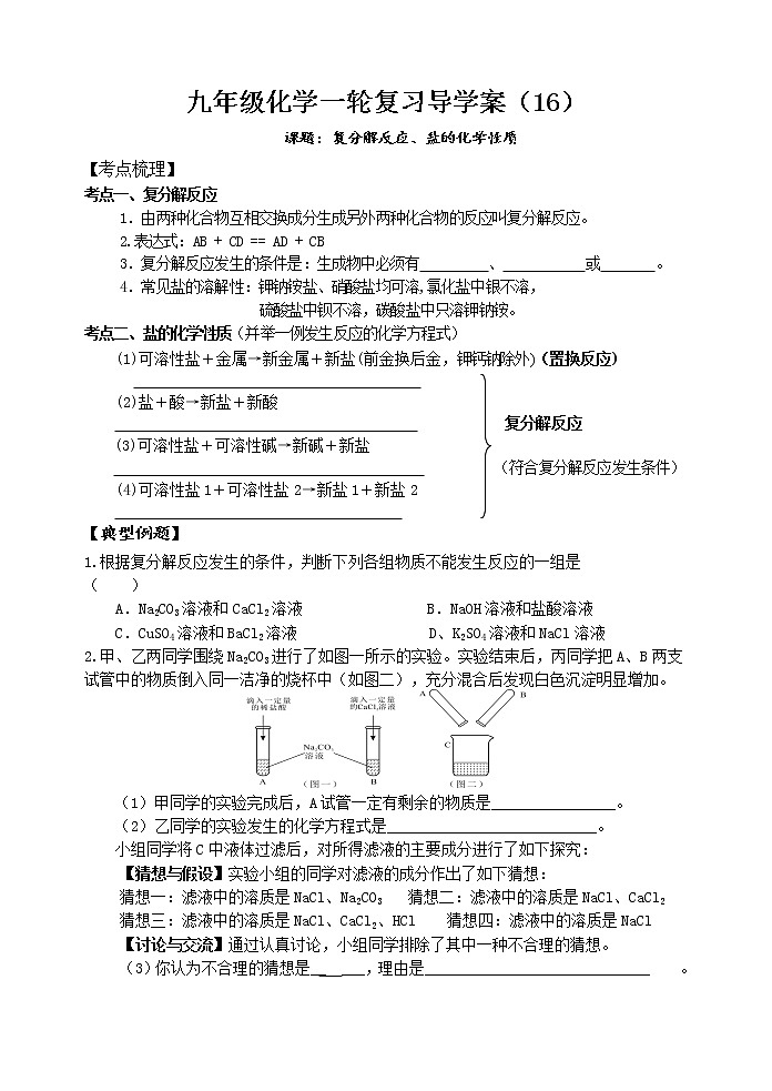 2021年中考一轮复习复分解反应导学案（无答案）01