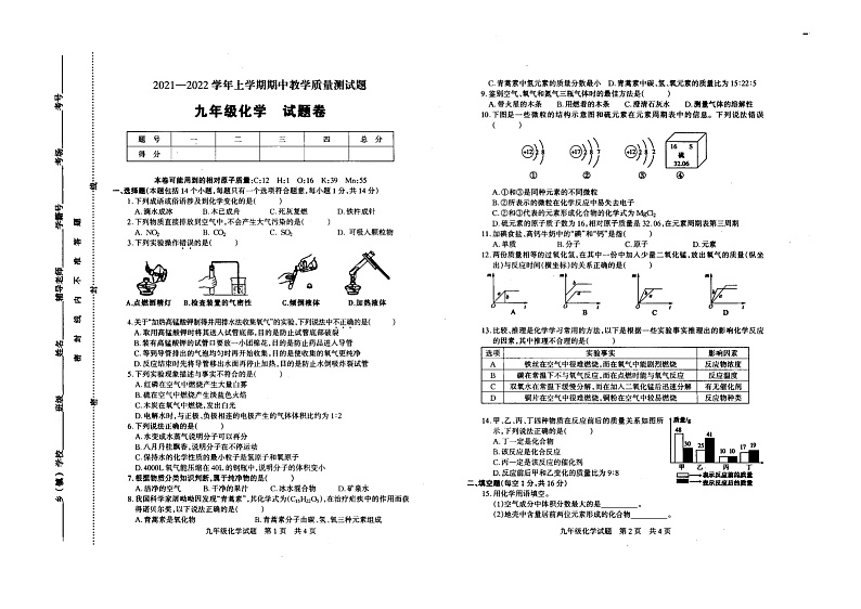 河南省驻马店市上蔡县2021-2022学年第一学期九年级化学期中试题（图片版 无答案）第1页
