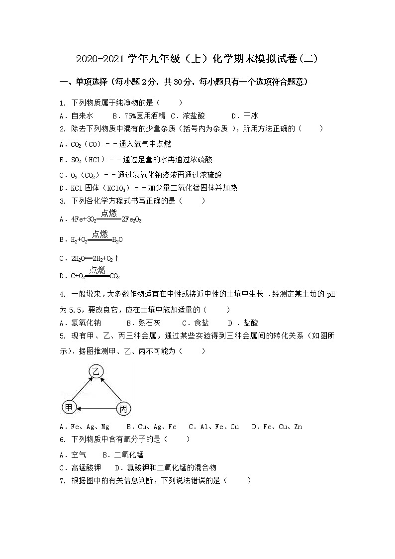 河南省许昌市禹州市2021-2022学年九年级上学期化学期末模拟题(二)（word版 含答案）第1页