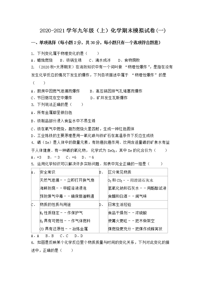 河南省许昌市鄢陵县2021-2022学年九年级上学期化学期末模拟题(一)（word版 含答案）第1页