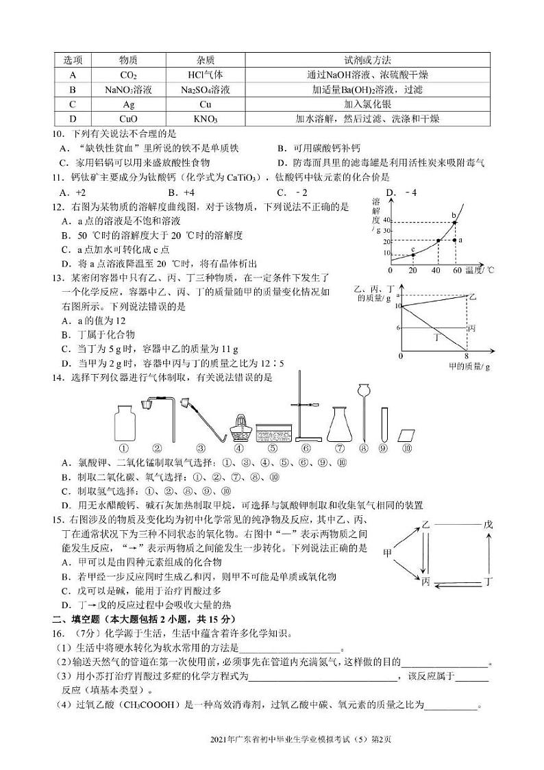 2021年广东省初中学业化学模拟考试五（图片版无答案）练习题02