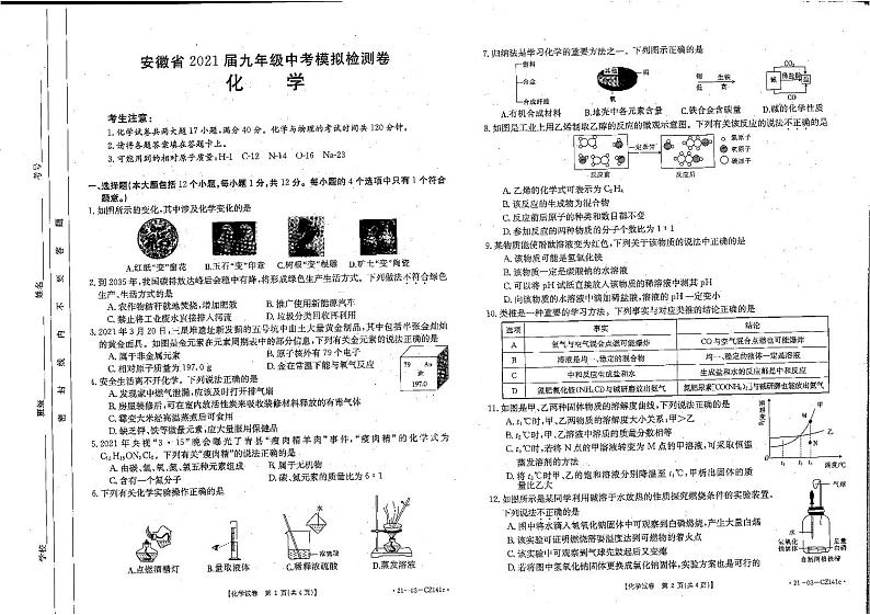 2021年安徽省中考模拟检测化学试卷（PDF版无答案）第1页