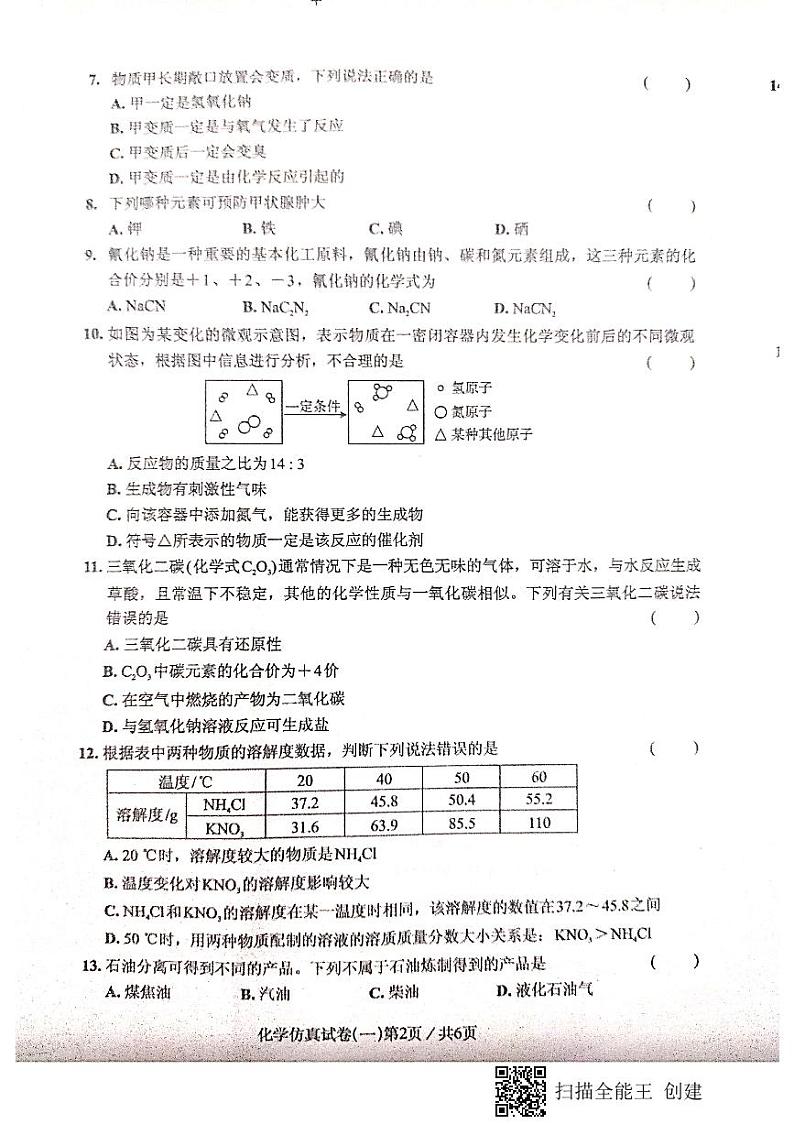 2021年广东省初中毕业生学业考试化学仿真试卷（一）（图片版无答案）02
