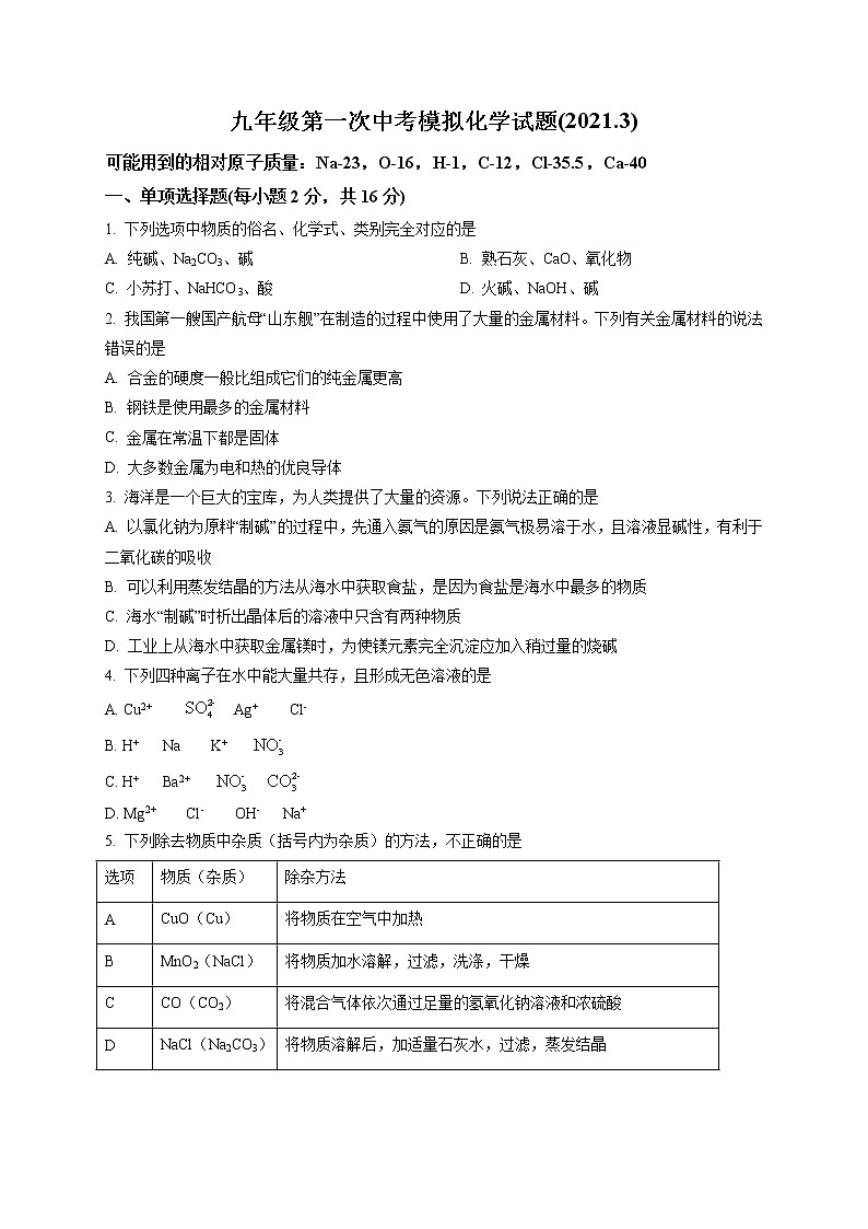 精品解析：2021年山东省枣庄市市中区枣庄十五中中考一模化学试题（解析版+原卷版）01