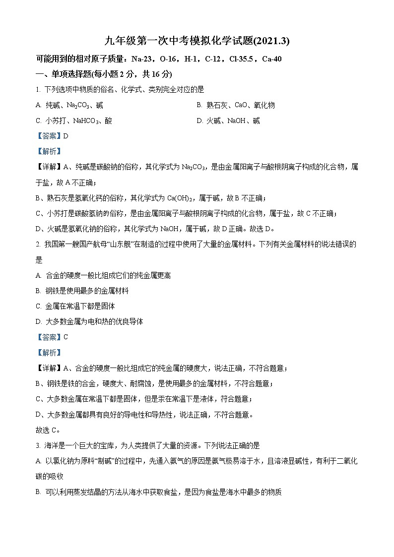 精品解析：2021年山东省枣庄市市中区枣庄十五中中考一模化学试题（解析版+原卷版）01