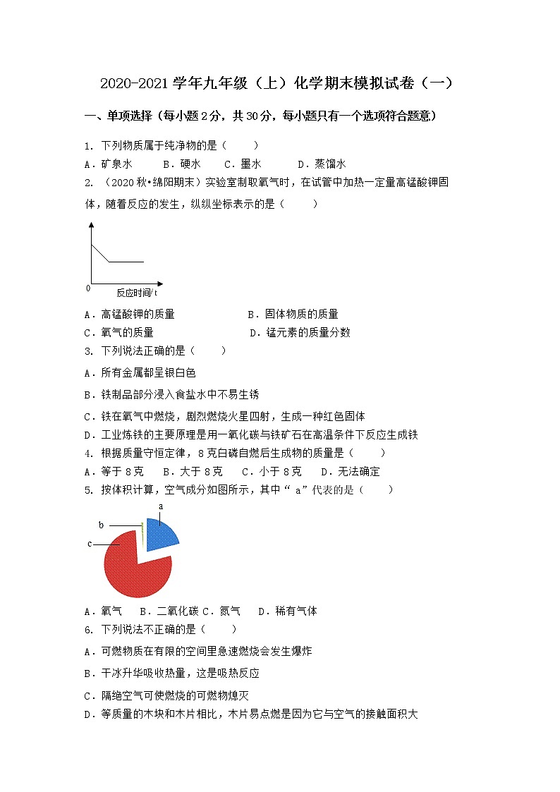 河北省张家口市宣化县2021-2022学年九年级上学期化学期末模拟题（一）（word版 含答案）第1页