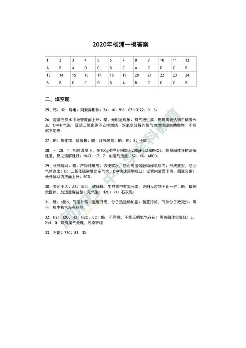 2020年上海市杨浦区初三一模化学试卷及答案01