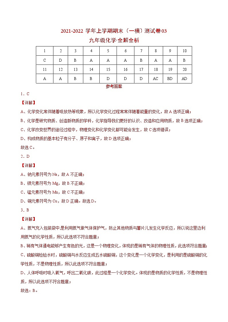 2021-2022学年九年级化学上学期期末测试卷（沪教版·上海）03（含考试版+全解全析+答题卡）01