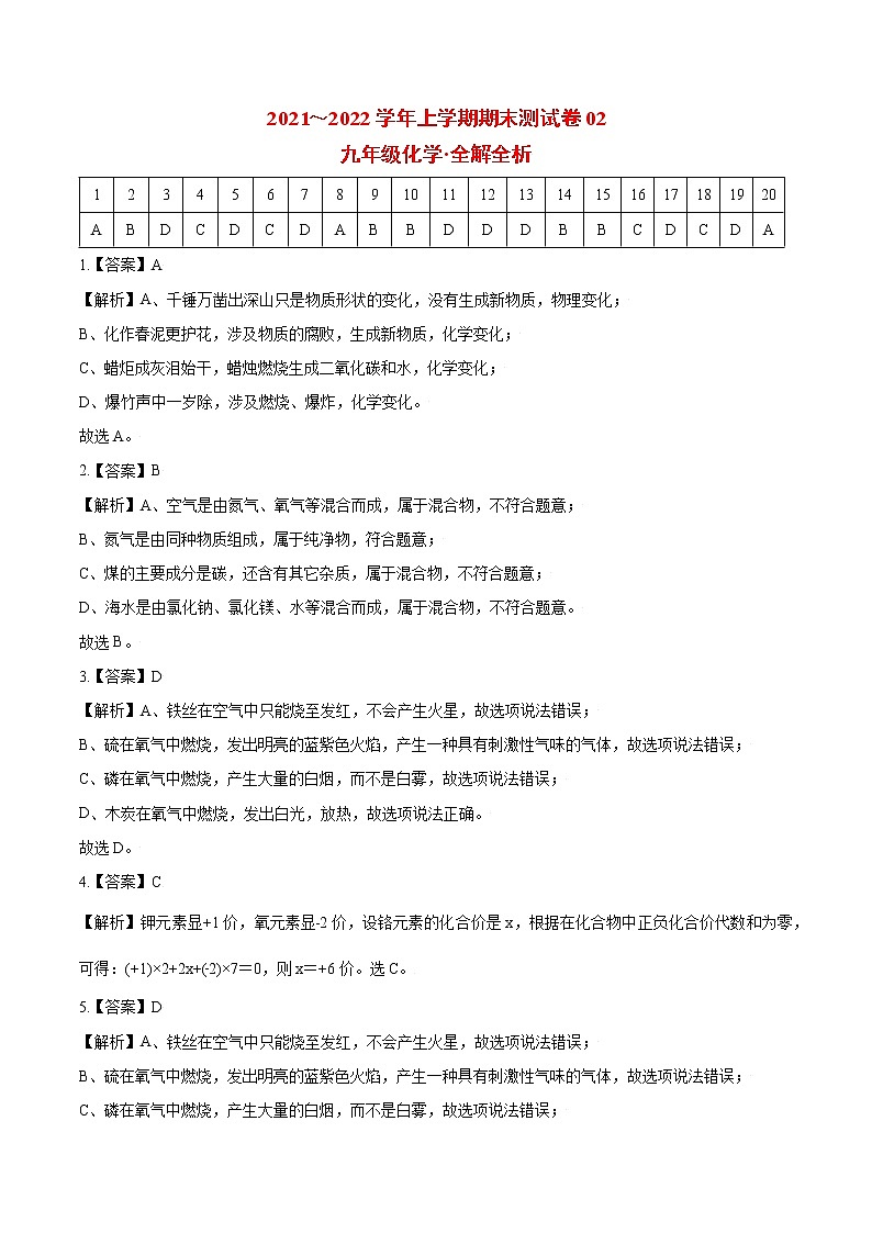 2021-2022学年九年级化学上学期期末测试卷（通用版）02（全解全析）第1页