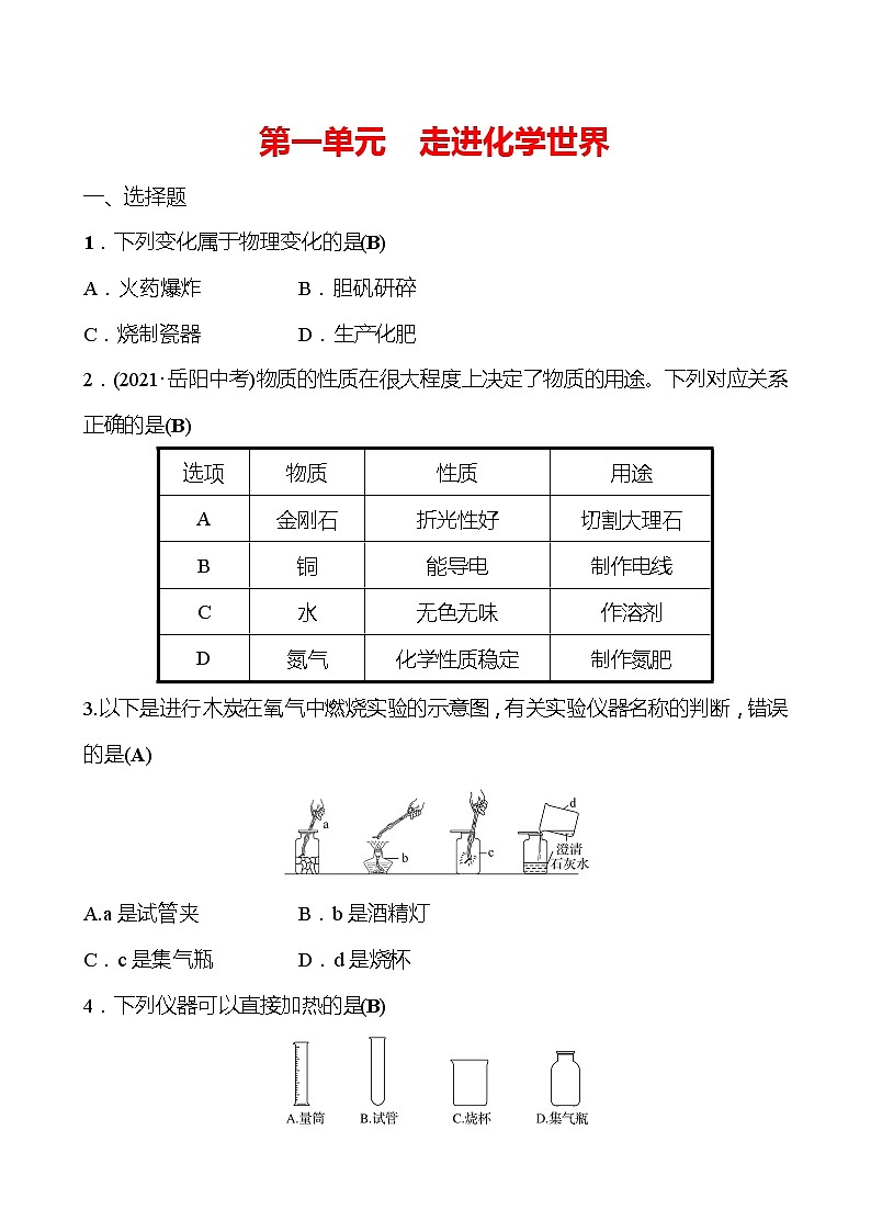 安徽中考复习 高效提分作业 第一单元　走进化学世界 (教师版)第1页